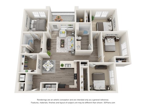Floor plan for 4 beds, 2 baths, 1304 sqft